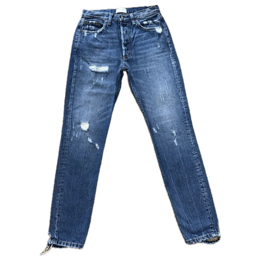 👖🛹 BOYISH Billy Straight Denim Jeans‎ Medium Wash Distressed Eco Women's Sz 27